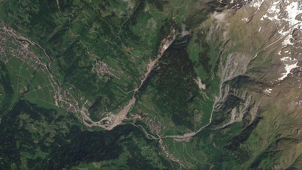Satellite image of the debris flows at Val de Bagnes in Switzerland in June 2025.