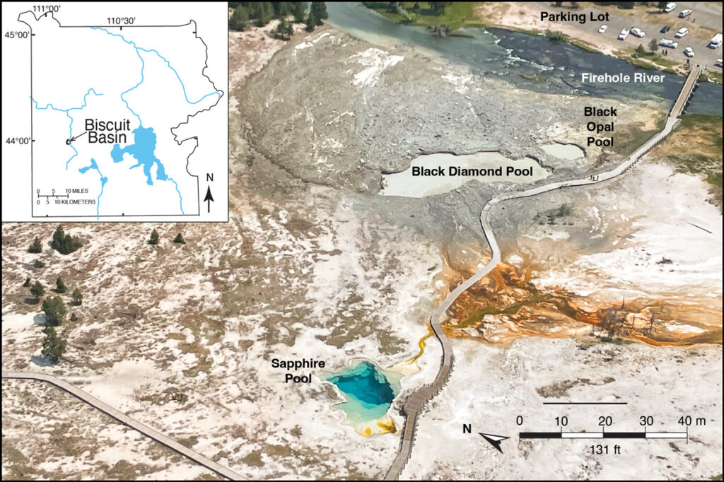 An aerial image of Black Diamond Pool and its surroundings with labels identifying major features. An inset map shows the location of Biscuit Basin within Yellowstone National Park.