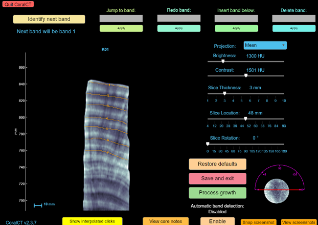 Screenshot of a coral core being analyzed in CoralCT