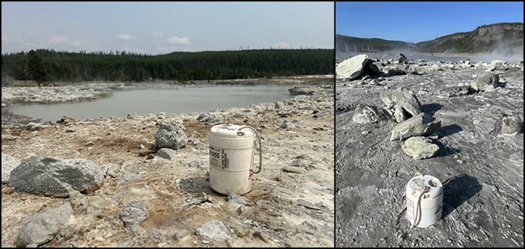 A pair of images shows large white containers holding temporary seismometers deployed amid rocky ground near Black Diamond Pool.