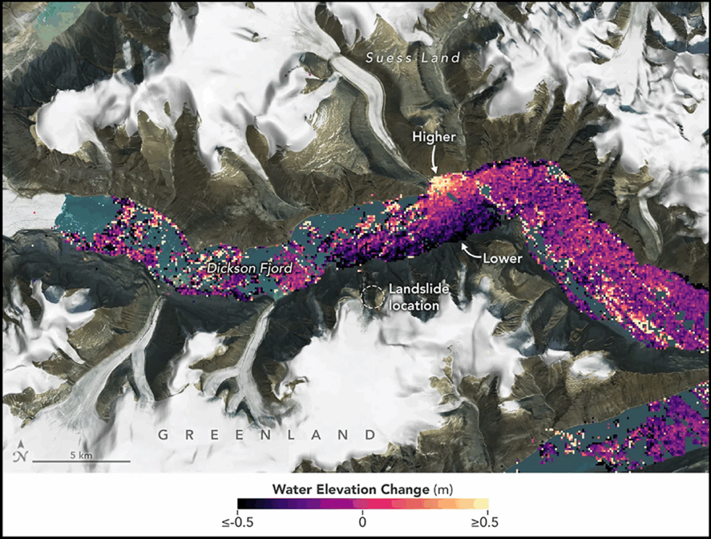 A pixelated, color-coded graphic showing lower water levels on the south side of Dickson Fjord and higher levels on the north side.