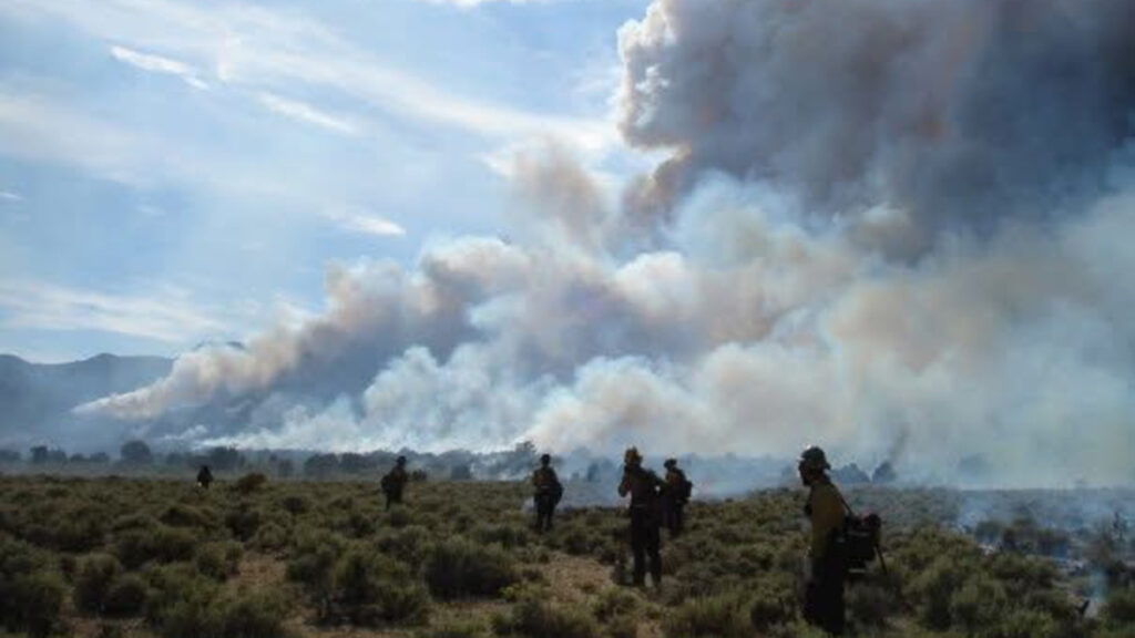 A row of men walk across a desert landscape toward billowing pillars of smoke.