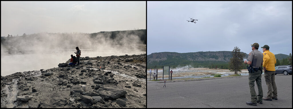 Two researchers collect data amid rocky debris near the edge of a steaming Black Diamond Pool (left); and two National Park Service employees stand in a parking lot, one holding a remote control for a quadcopter drone flying overhead.