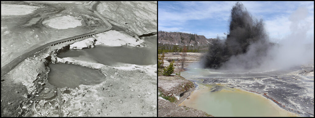 Black-and-white aerial photo of Black Diamond Pool taken in 1959 (left), and a color photo of a hydrothermal eruption occurring at Black Diamond Pool in 2009 (right).