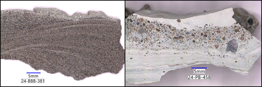 Close-up views of two rocks, one with a darker and more uniform sandy texture and the other with bits of gravel embedded in light-colored, fine-grained material