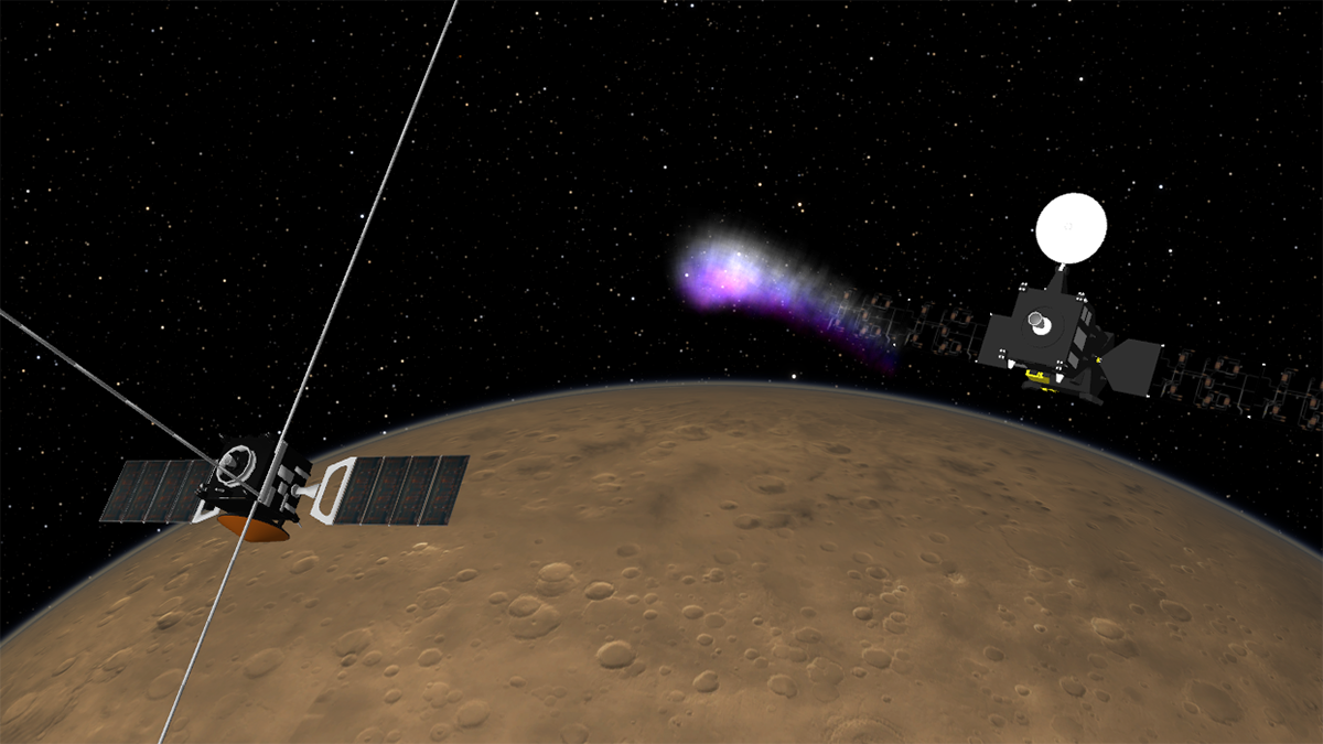 An artist’s depiction of two Martian orbiters. One is sending a signal to the other that looks like a purple light.