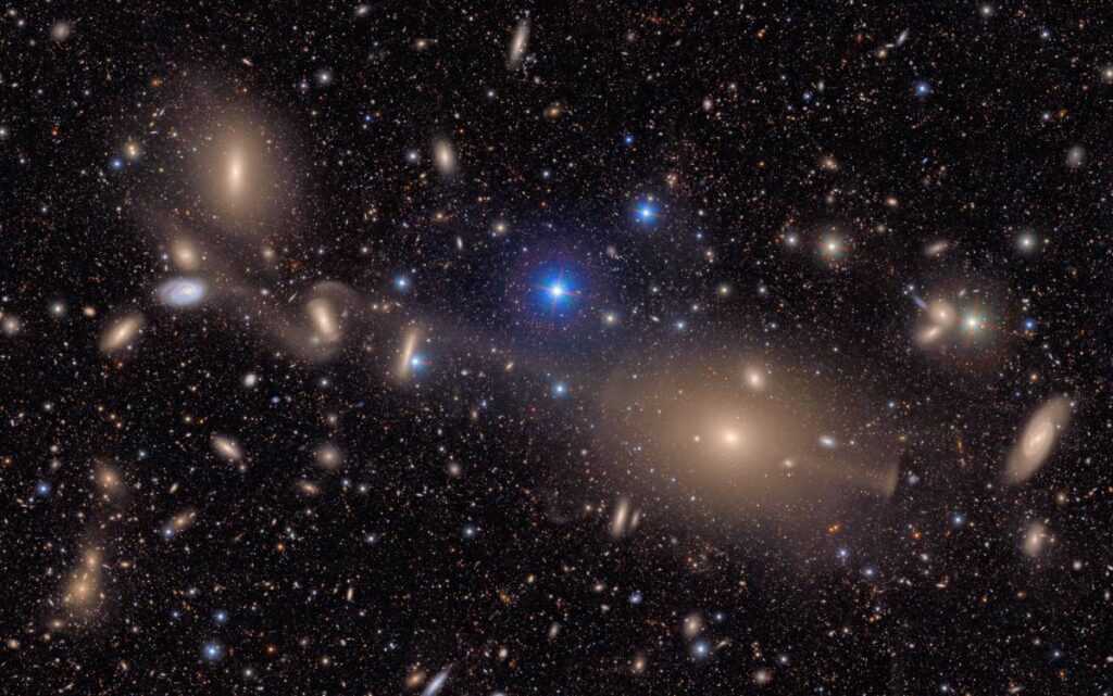 Bright stars in the Milky Way galaxy shine in the foreground and many distant galaxies are in the background.