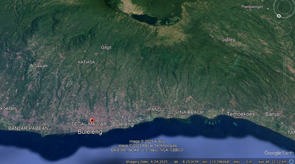 Google Earth image of the site of the 22 November 1815 Gejer Bali disaster.