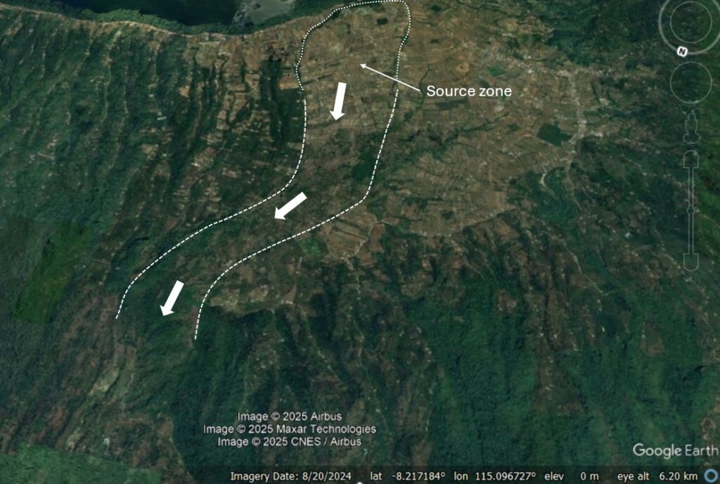 Google Earth image of the source zone and possible initial track (my own interpretation) of the 22 November 1815 Gejer Bali disaster.