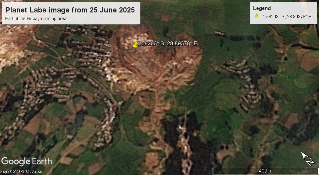 Planet Labs image of the aftermath of the 19 June 2025 landslide in the Rubaya mining area.