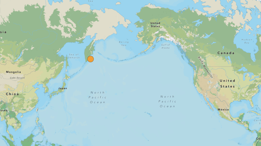 A map shows the levels of shaking intensity surrounding the epicenter of the 29 July earthquake near the Kamchatka Peninsula in Russia.