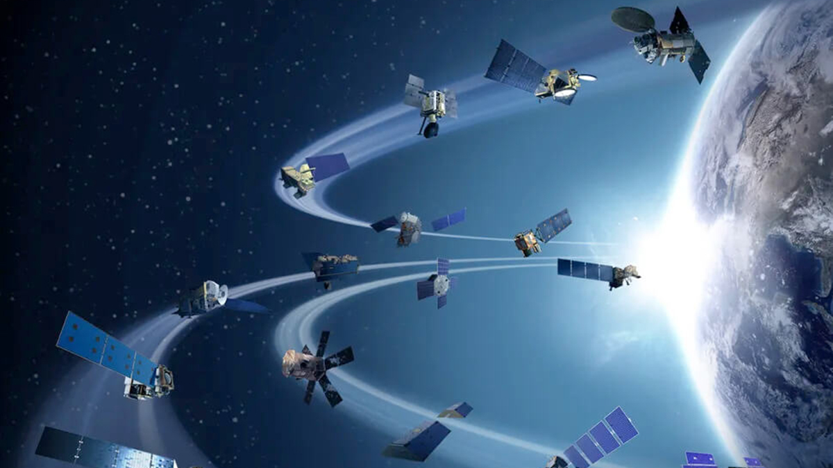 Illustration of many satellites orbiting Earth.