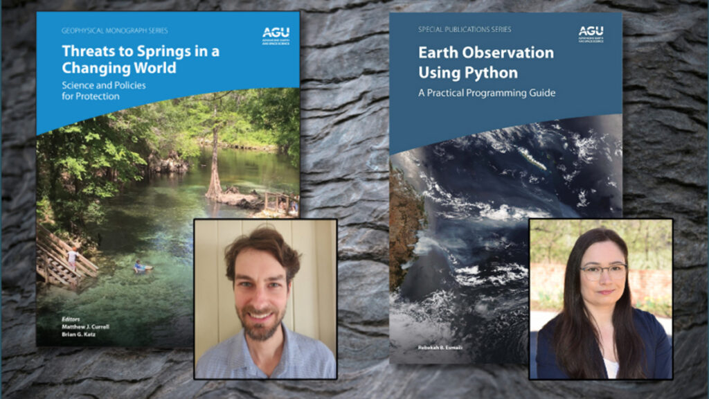 Covers of 2 books and photos of their respective editor/author with a rock outcrop in the background.