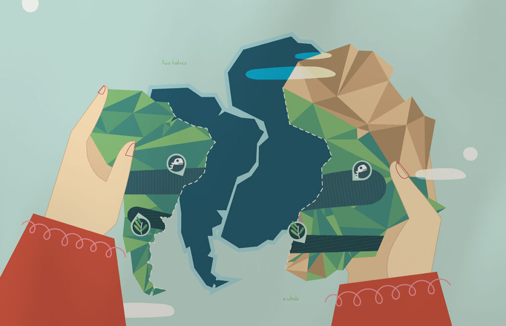 In a photograph of an illustration, two hands hold puzzle pieces that look like South America and Africa.