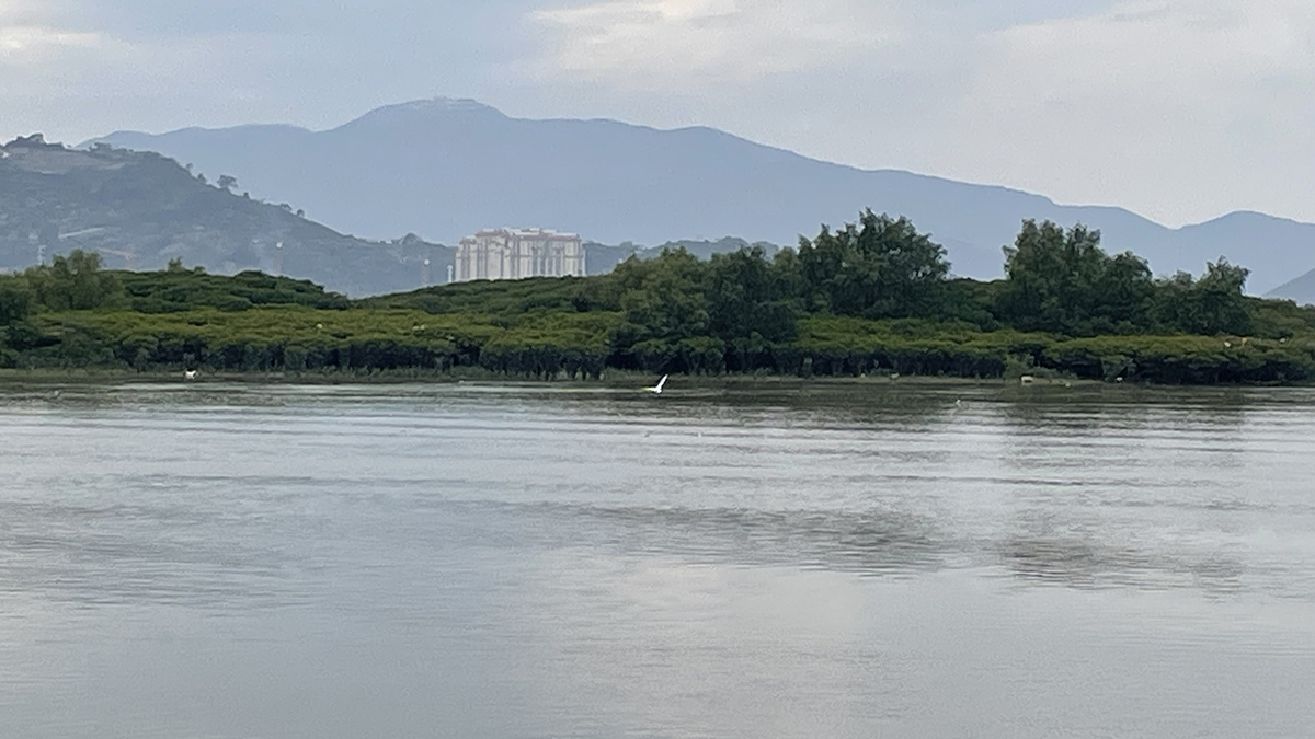 一条河流及后面可见的绿色河岸，山峦和一处灰色的建筑。