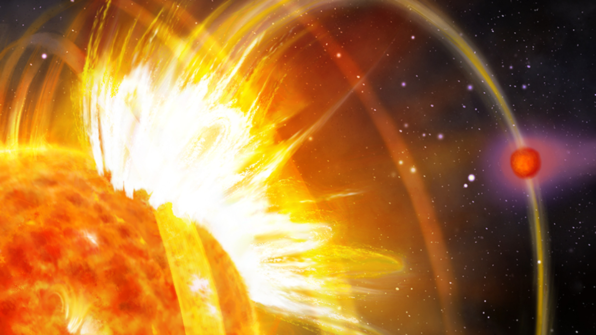 An illustration of an orange-yellow star releasing a massive flare and stellar material along a magnetic loop that connects with a nearby red planet that is outgassing its atmosphere.