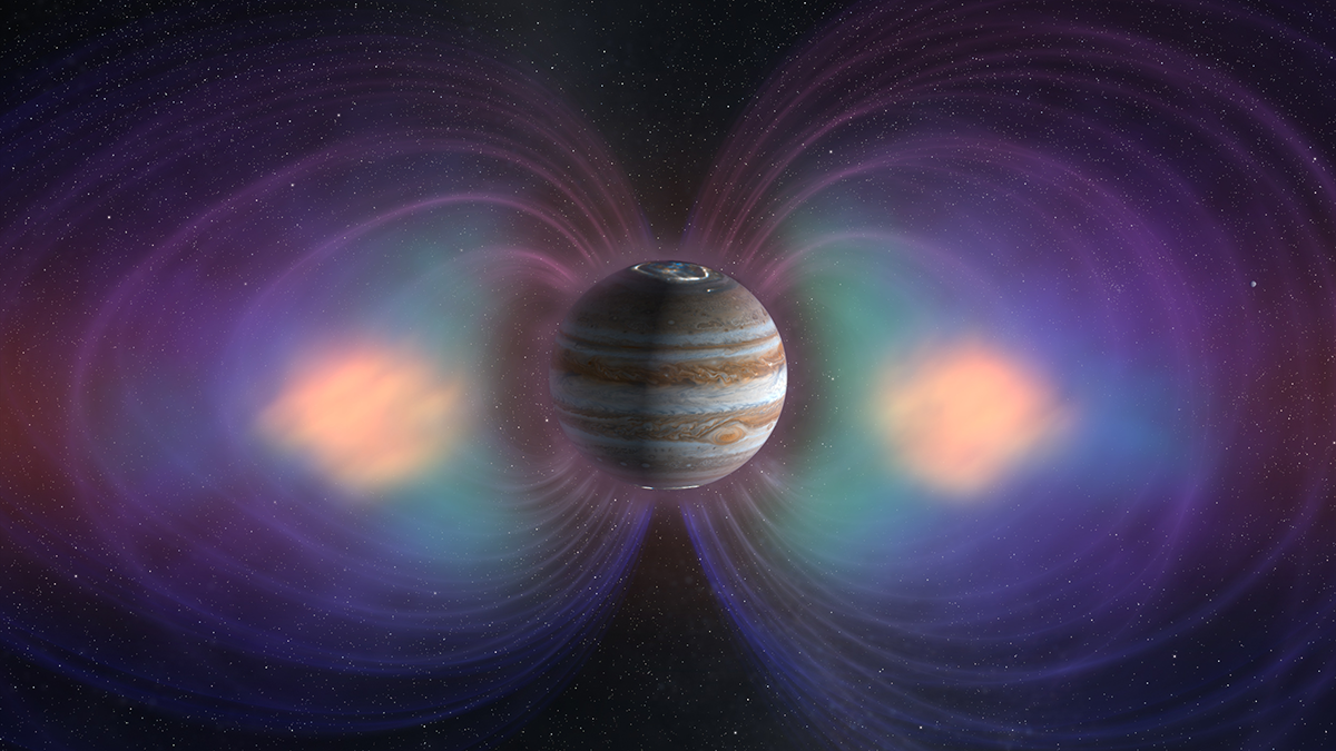 An artist’s depiction of Jupiter and its magnetosphere, which appears to stretch out to the left and right of the planet like two purple butterfly wings