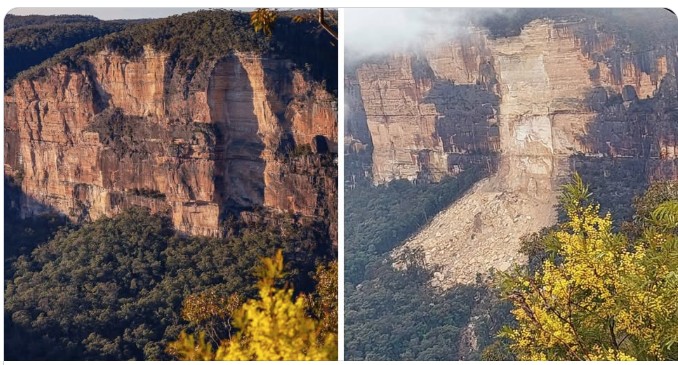 Before and after images of the 1-2 August 2025 rockfall at Carne wall in the Blue Mountains of Australia.
