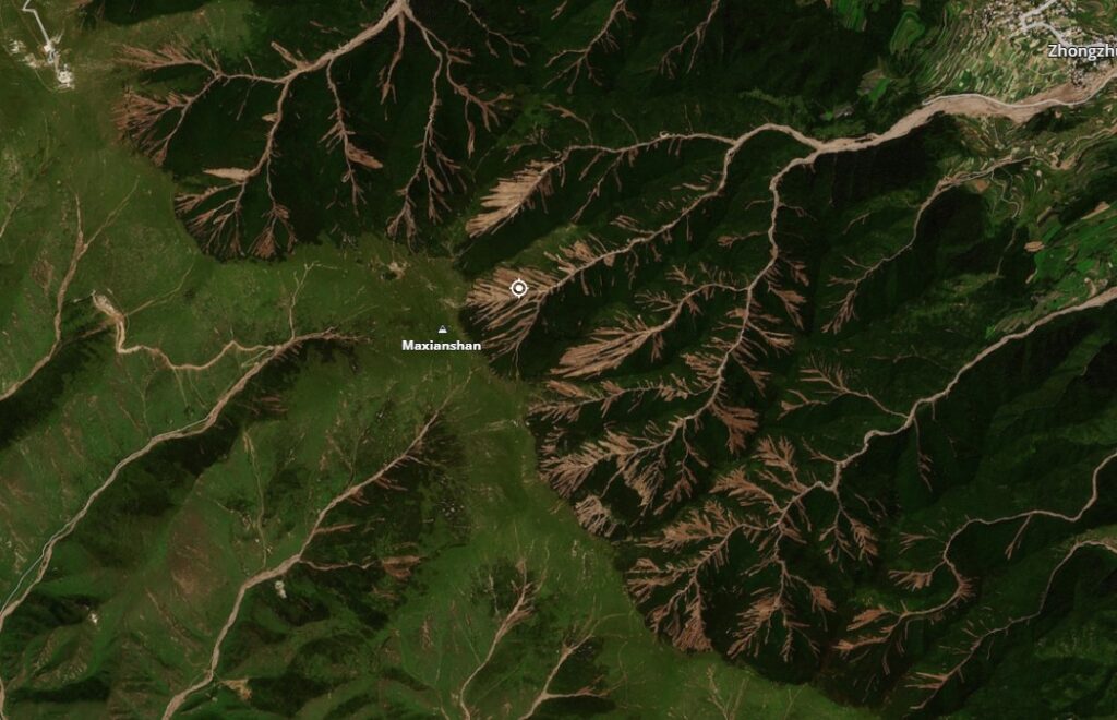 Planet Labs image of the aftermath of the 7 August 2025 landslides and debris flows in Yuzhong County, Gansu Province. Image copyright Planet Labs, used with permission. Image dated 13 August 2025.