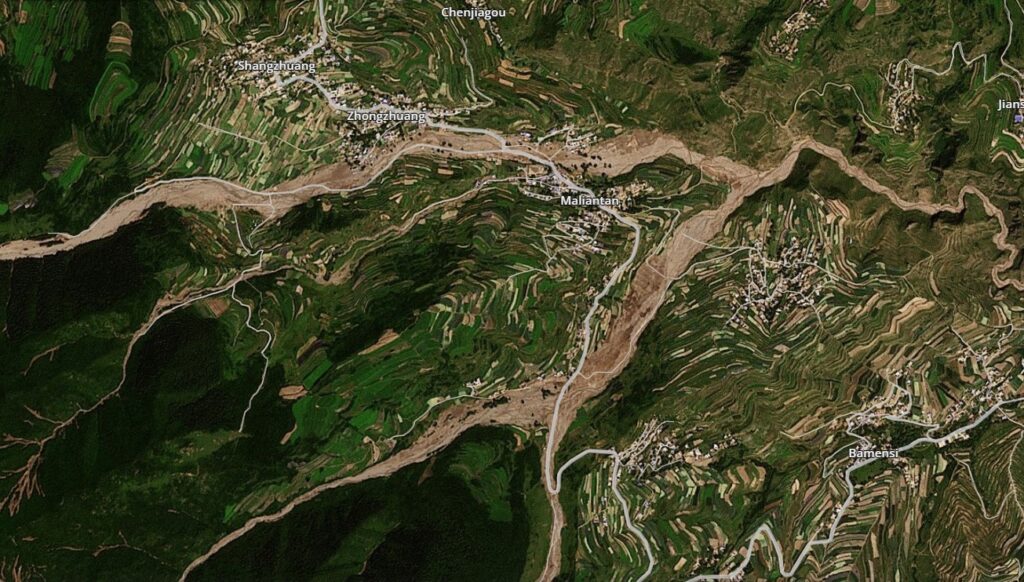 Planet Labs image of the downstream area affected by the 7 August 2025 landslides and debris flows in Yuzhong County, Gansu Province.