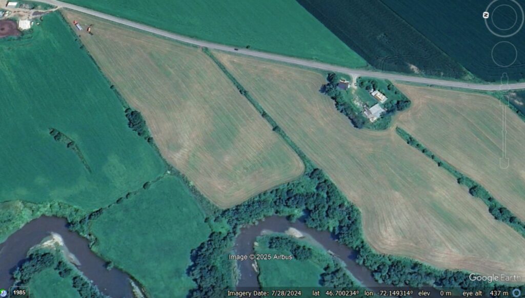 Google Earth image of the site of the 15 July 2025 quick clay landslide at Portneuf in Canada.