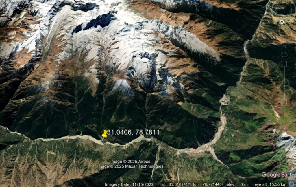 Google Earth view of the valley that generated the 5 August 2025 debris flow at Tharali in northern India.