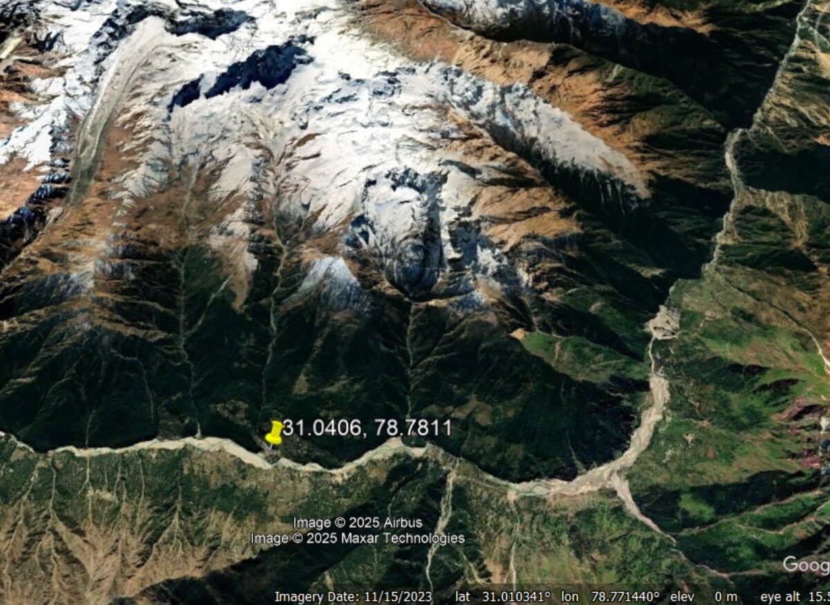 Google Earth view of the valley that generated the 5 August 2025 debris flow at Tharali in northern India.