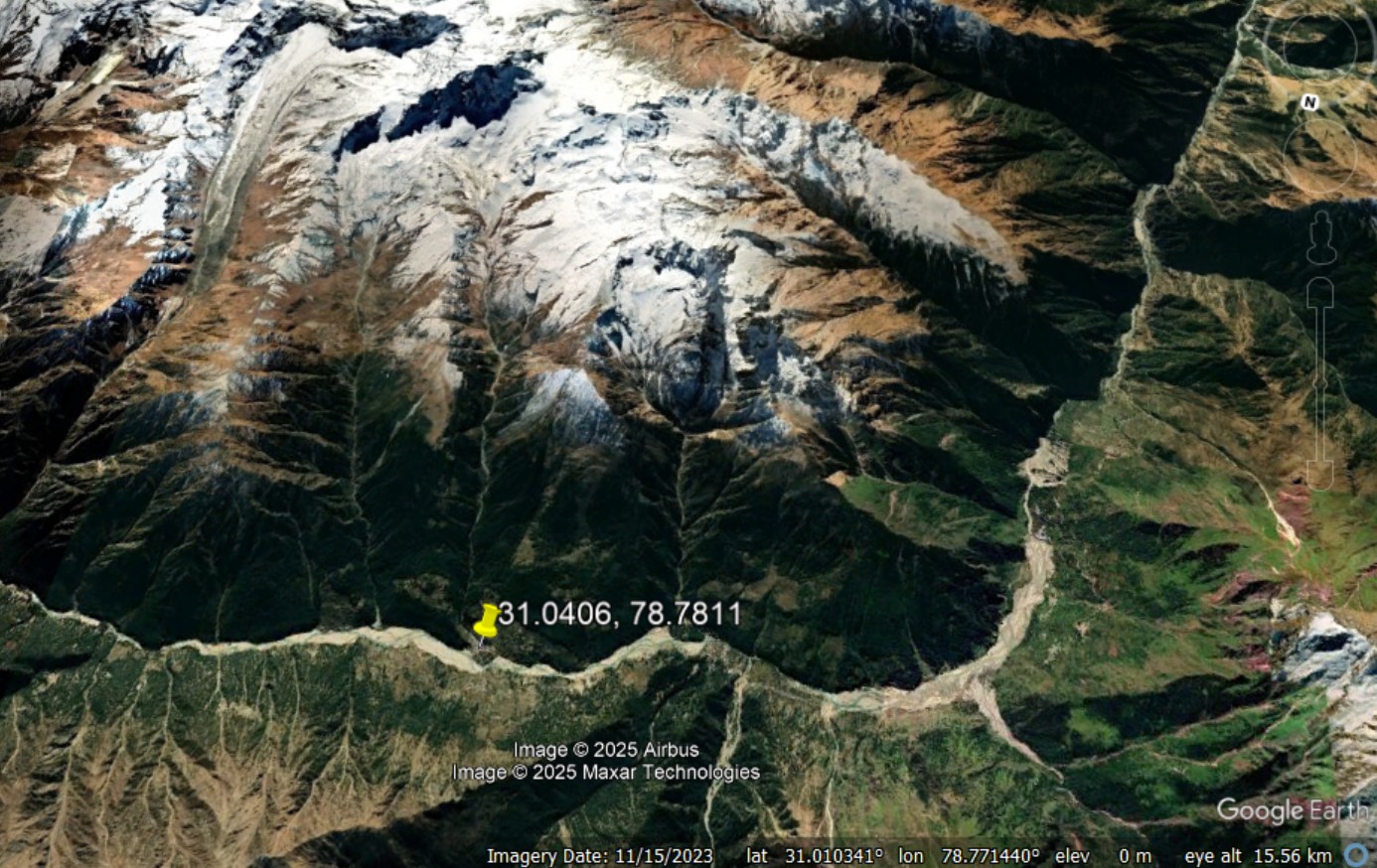 Google Earth view of the valley that generated the 5 August 2025 debris flow at Tharali in northern India.