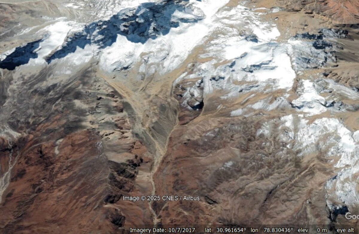 Google Earth view of the candidate body of glacial material possibly associated with the 5 August 2025 debris flow at Tharali in northern India.