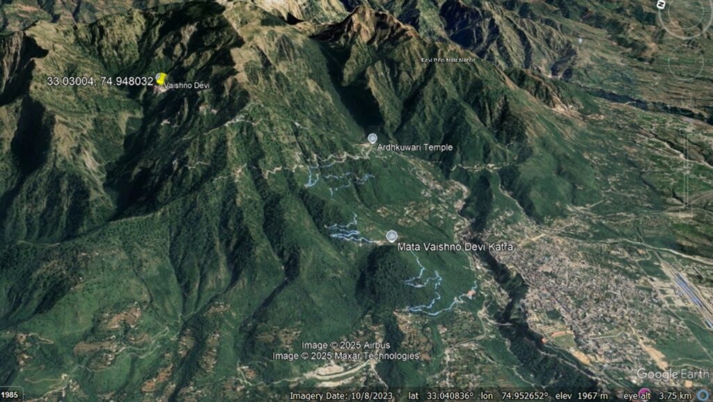 Google Earth image showing the terrain around the Vaishno Devi shrine in northern India.