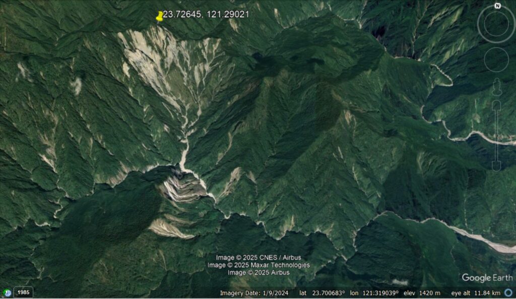 Google Earth image of the site of the 21 July 2025 landslide in Wanrong township, Taiwan.