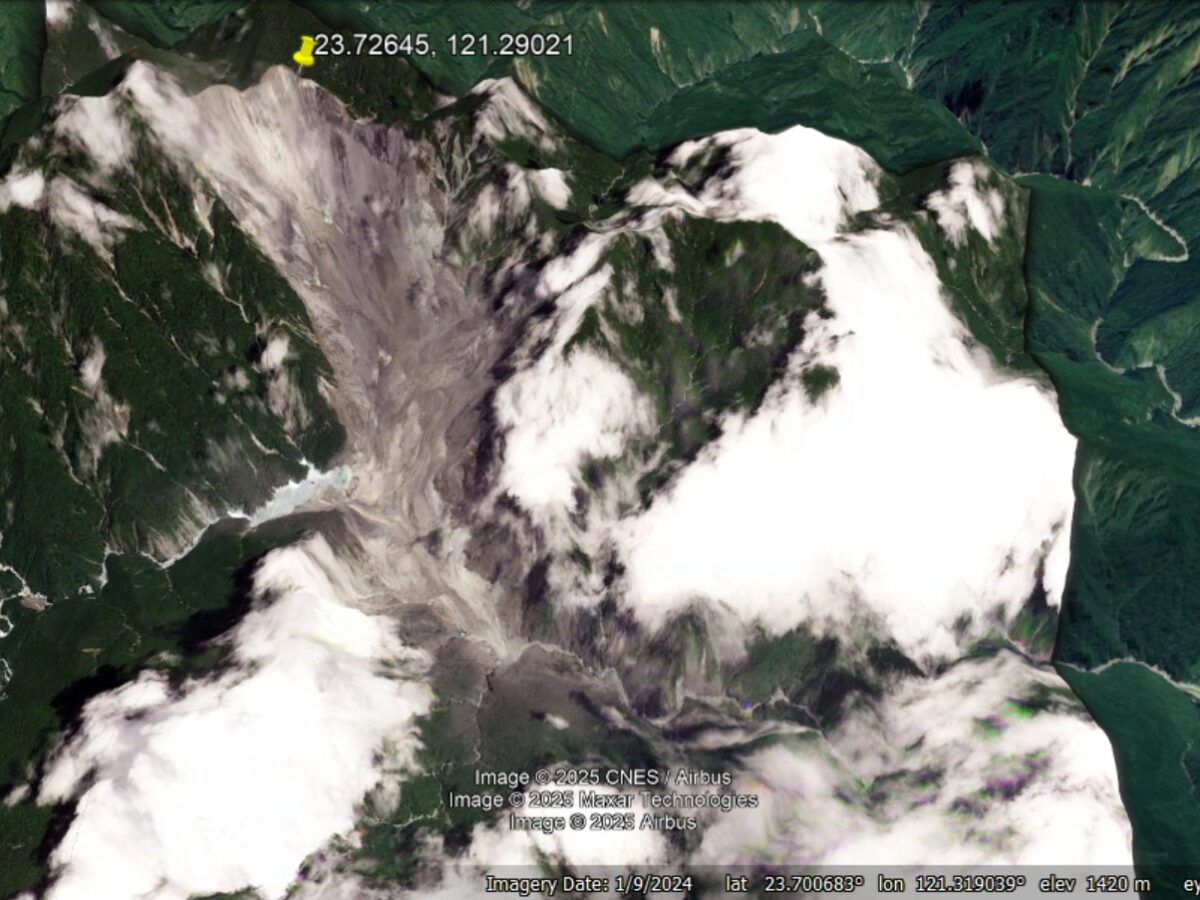 Planet Labs image, draped onto the Google Earth DEM, showing the site of the 21 July 2025 landslide in Wanrong township, Taiwan.