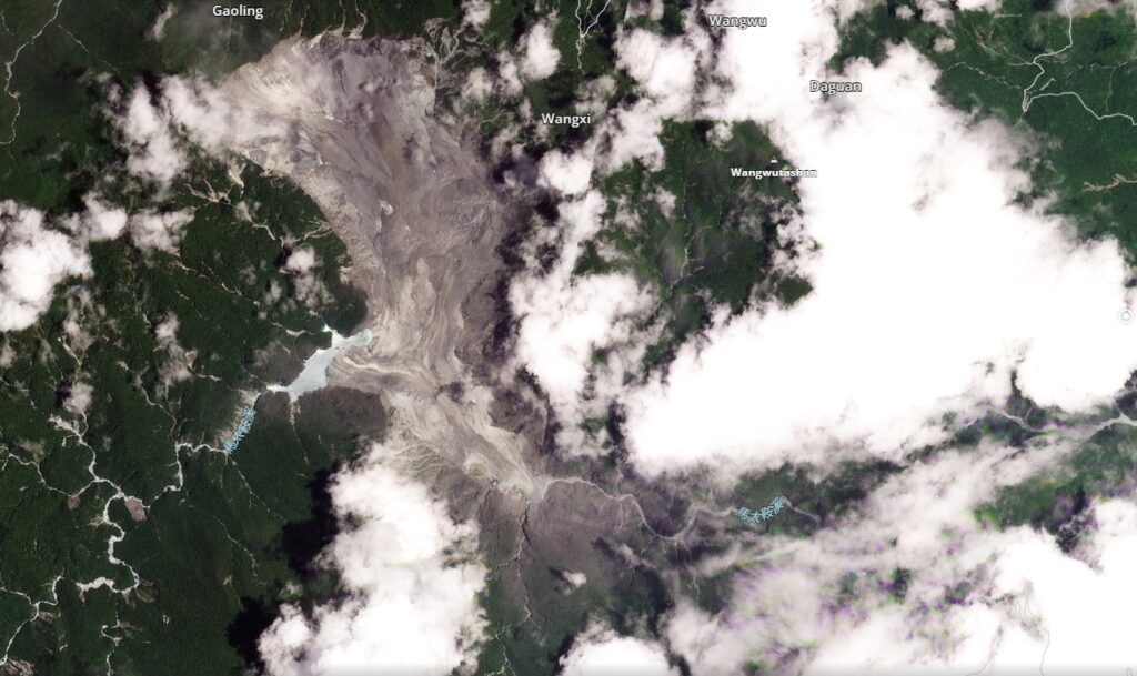 Planet Labs image showing the site of the 21 July 2025 landslide in Wanrong township, Taiwan. Satellite image copyright Planet Labs, used with permission. Image dated 25 July 2025.