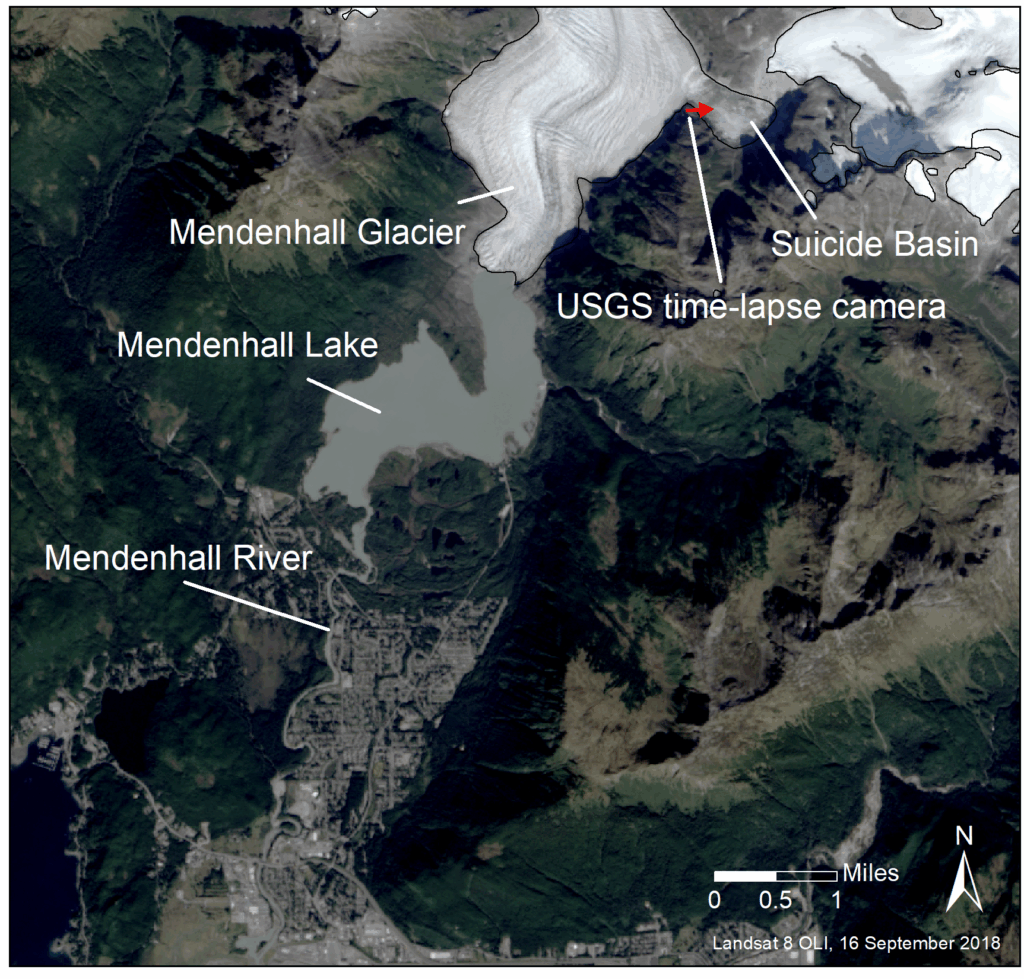A map of an area of Alaska labels, from Northeast to Southwest: Suicide Basin, a UGS time-lapse camera, Mendenhall Glacier, Mendenhall Lake, and Mendenhall River
