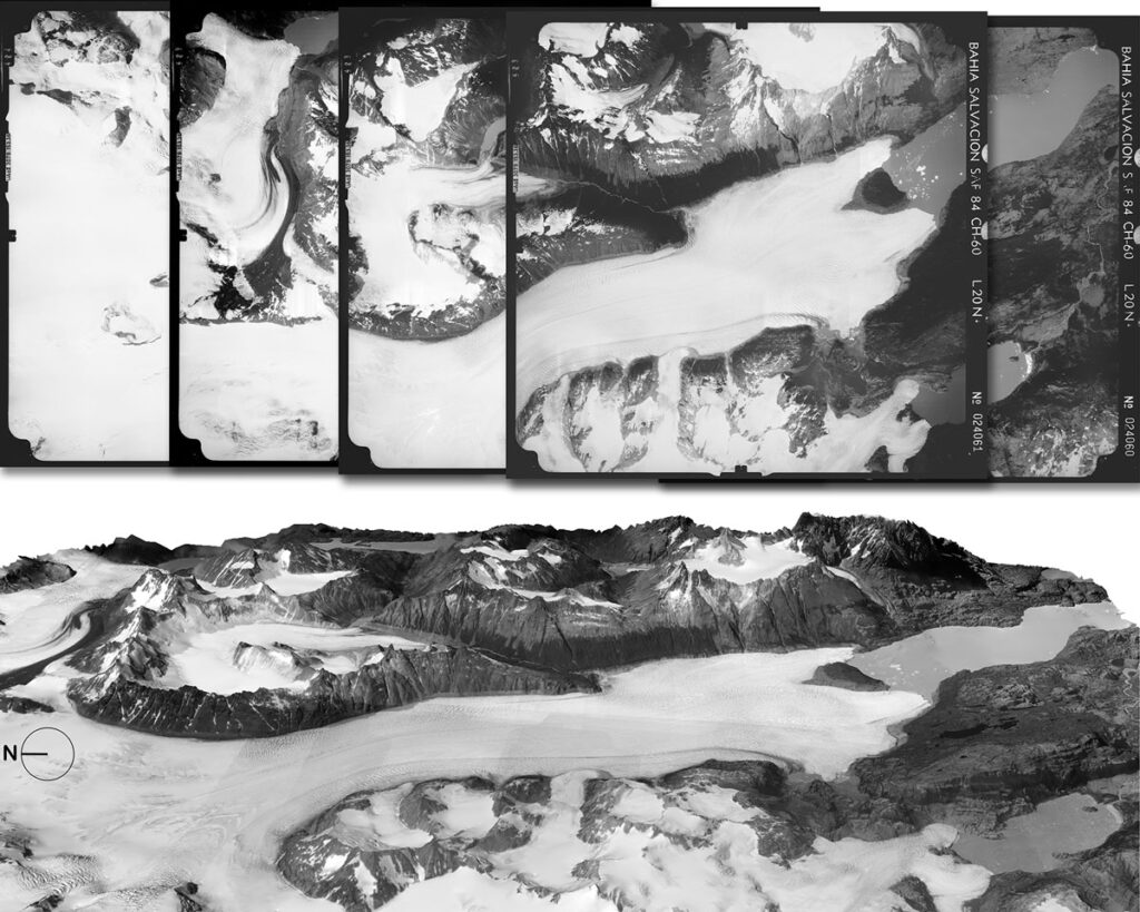 A sequence of black-and-white aerial photographs of a mountain glacier (top), and a black-and-white, 3D, model-generated perspective view of the same glacier (bottom).