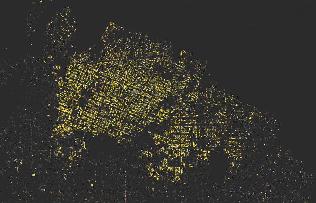 One of AVIRIS-3’s quick-turnaround data products is this aerial map of the fraction of burn material, char, and ash within the spectrum of each pixel.