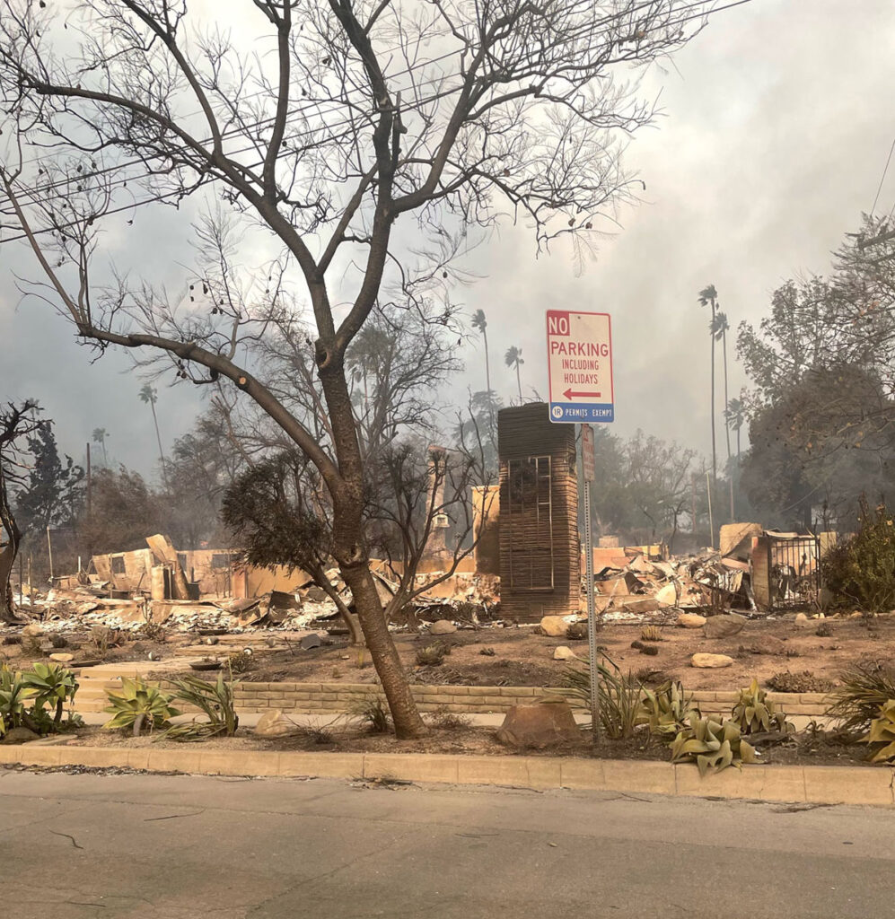 The charred remains of a home are seen from the street. Only the chimney is standing, and the sky is full of smoke. On the sidewalk are a burned tree and a “no parking” sign.