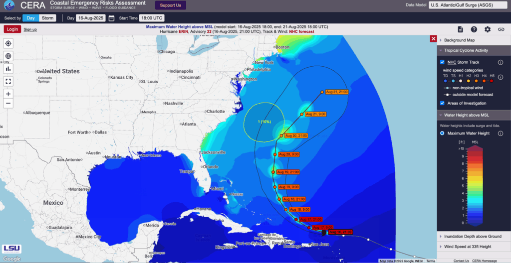 Screenshot of a map of the Gulf Coast of the United States. A hurricane forecast cone predicts the path of a hurricane up the Atlantic from 16 August to 21 August. The map also shows maximum water height and wind speed.
