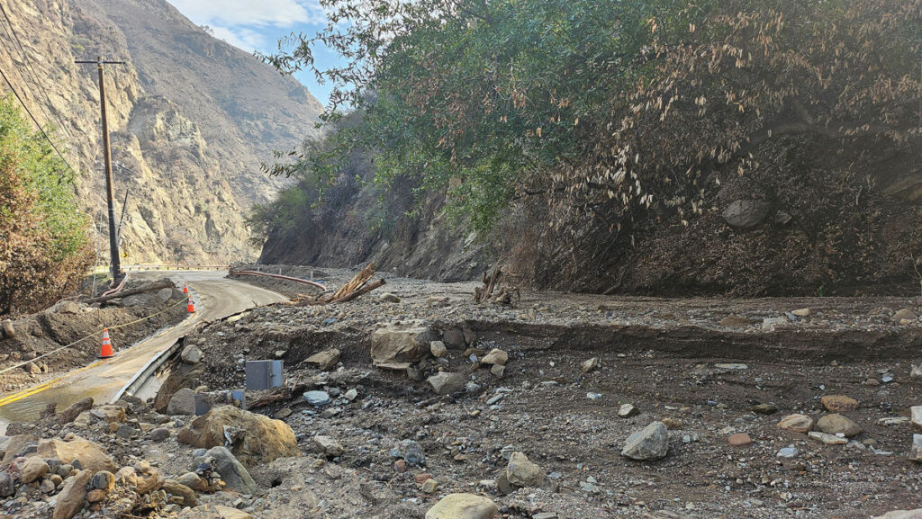 A debris flow in Topanga Canyon blocks roads west of the Palisades burn area
