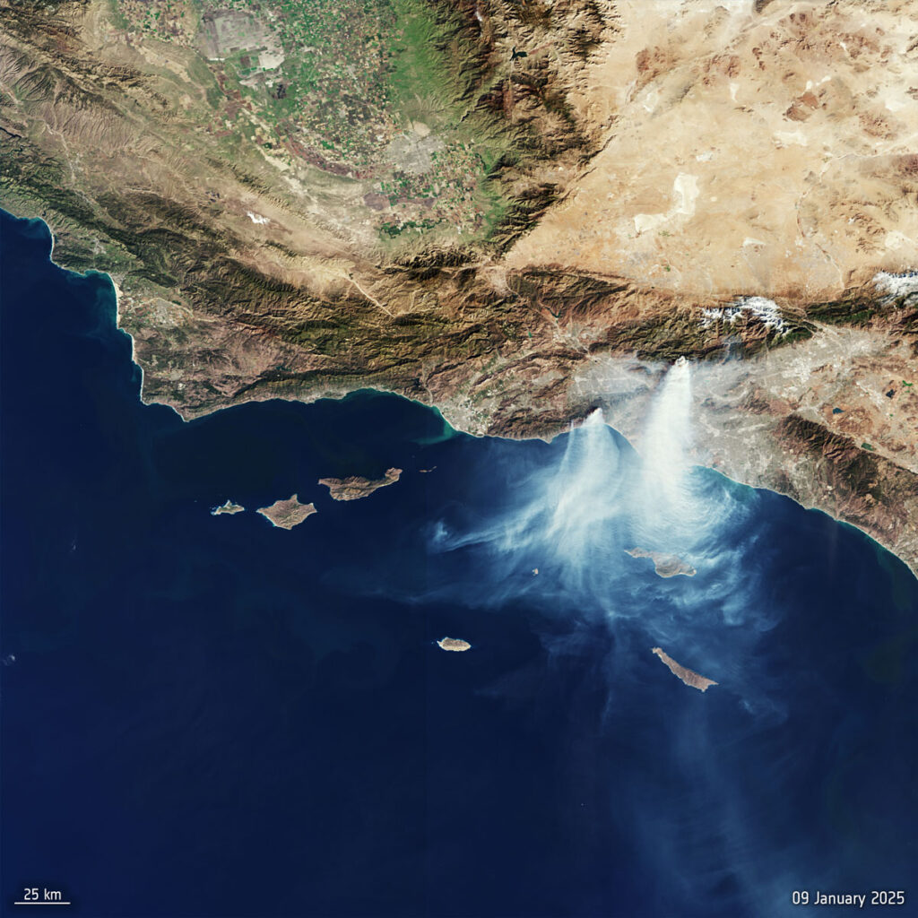 A satellite image of the coast of California from 9 January 2025 shows two large plumes of smoke from the Palisades and Eaton fires.