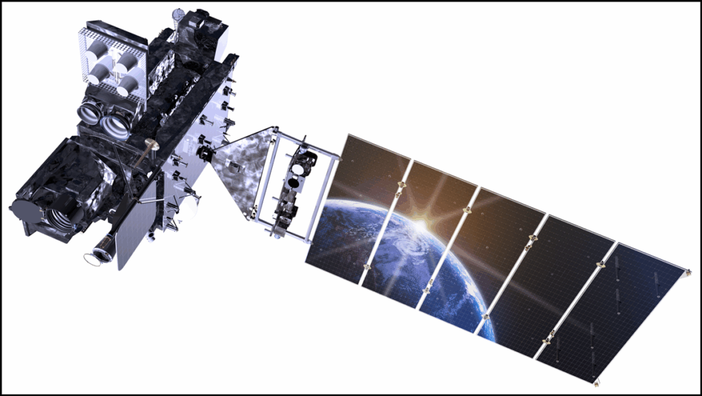 An artist’s rendering of a satellite shows Earth reflected in a solar panel.