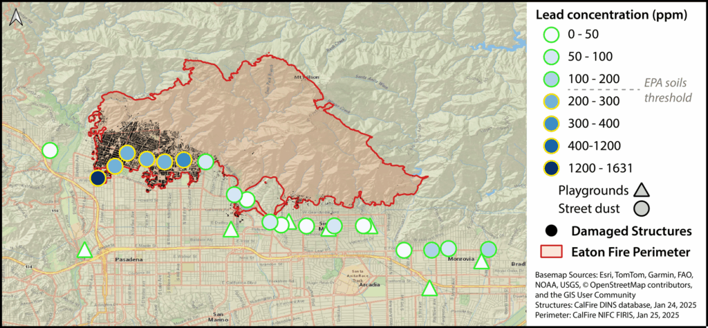 An aerial map of the Altadena and Pasadena area. The burn scar from the Eaton Fire is outlined and shaded in red, and small black dots mark burned structures concentrated near the southern edge of the burn scar. Larger circles and triangles within and below the burn scar indicate locations where researchers tested lead levels in dust.