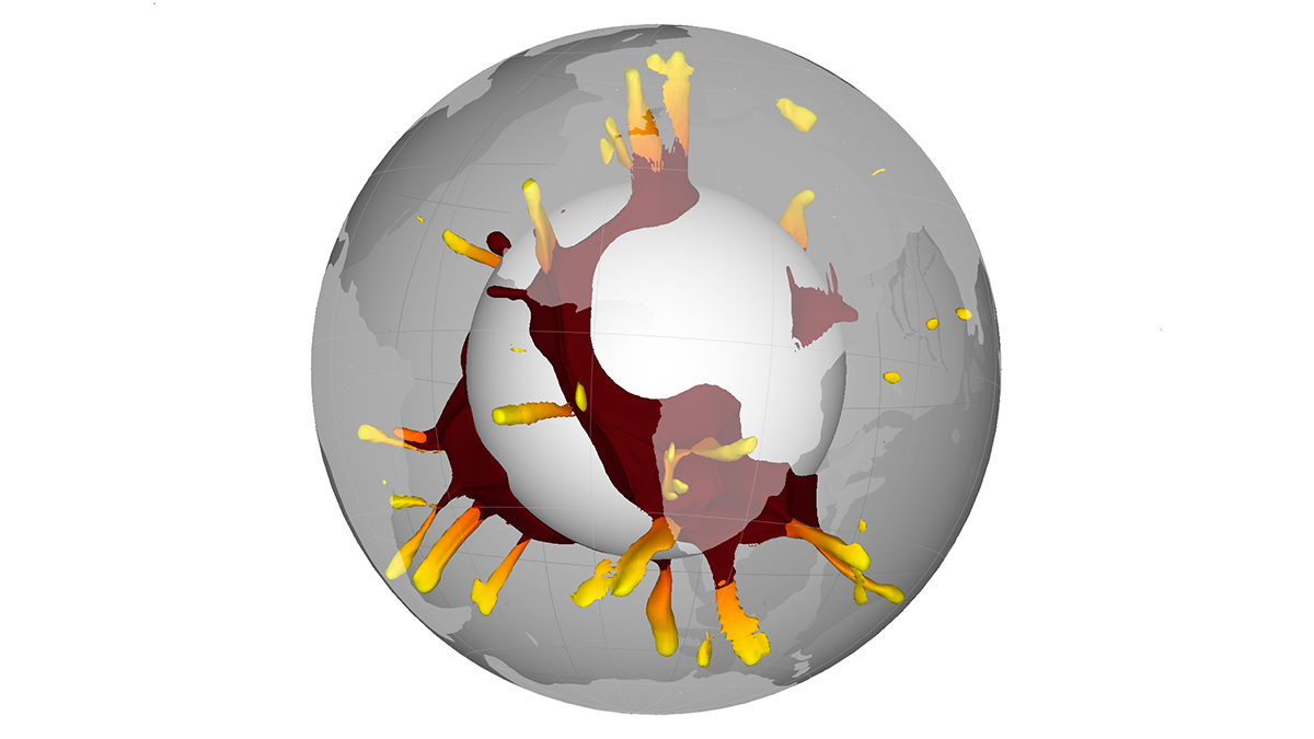 A model shows yellow mantle plumes rising from big, red lower-mantle basal structures.