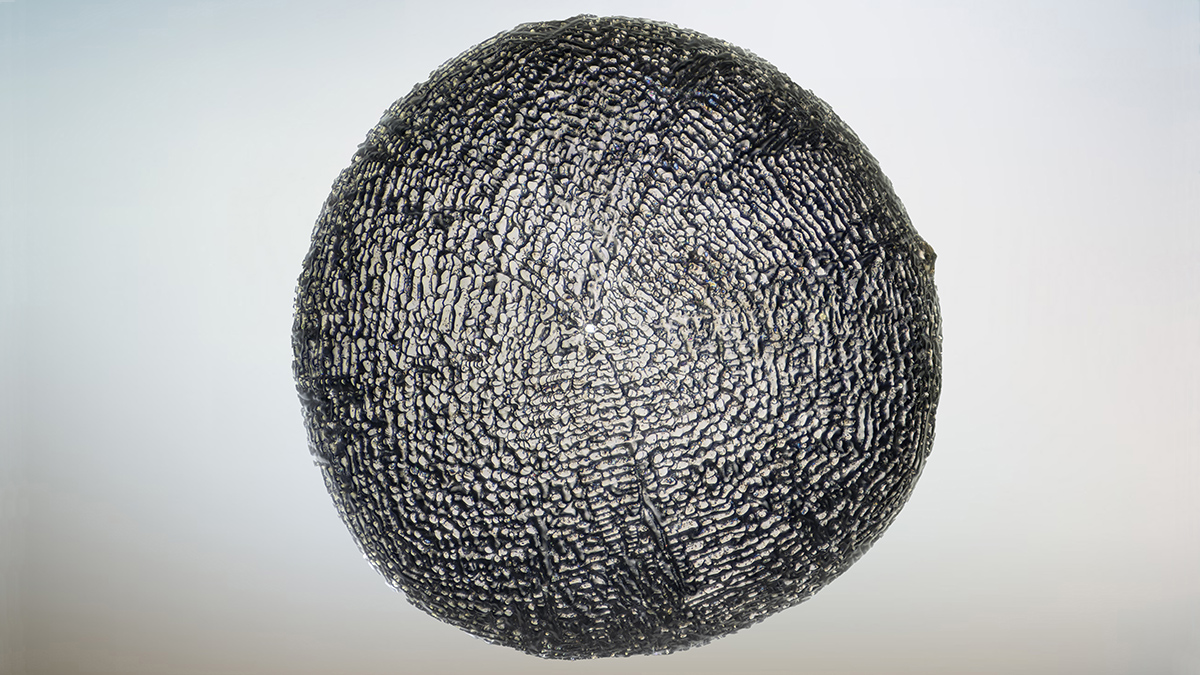 A spherical, gray object with a mottled, shiny surface