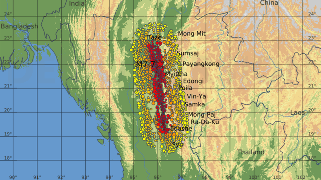 A map of estimated degree of damage (black to yellow) in settlements across the zone affected by the 2025 Myanmar earthquake