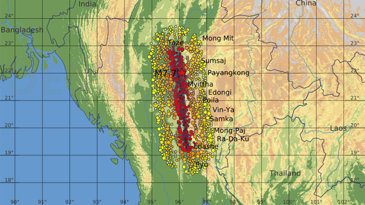 A map of estimated degree of damage (black to yellow) in settlements across the zone affected by the 2025 Myanmar earthquake