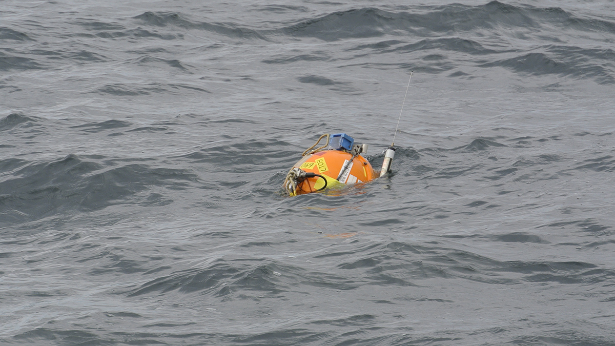 An orange, soccer ball–sized sphere with electronic equipment attached to it floats in the ocean.