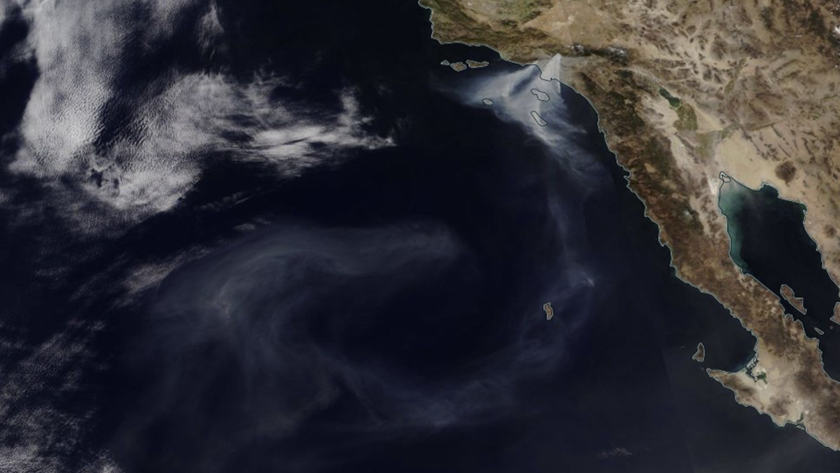A satellite image shows the coast of the Los Angeles area in January 2025. A plume of smoke is seen over the Pacific Ocean.