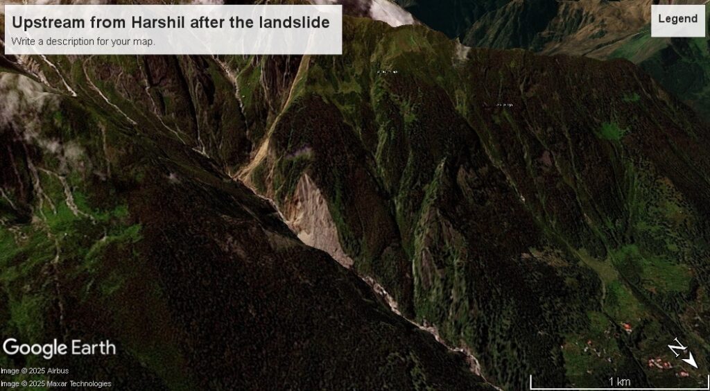 The landslide upstream from Harshil after the 5 August 2025 Dharali disaster. 