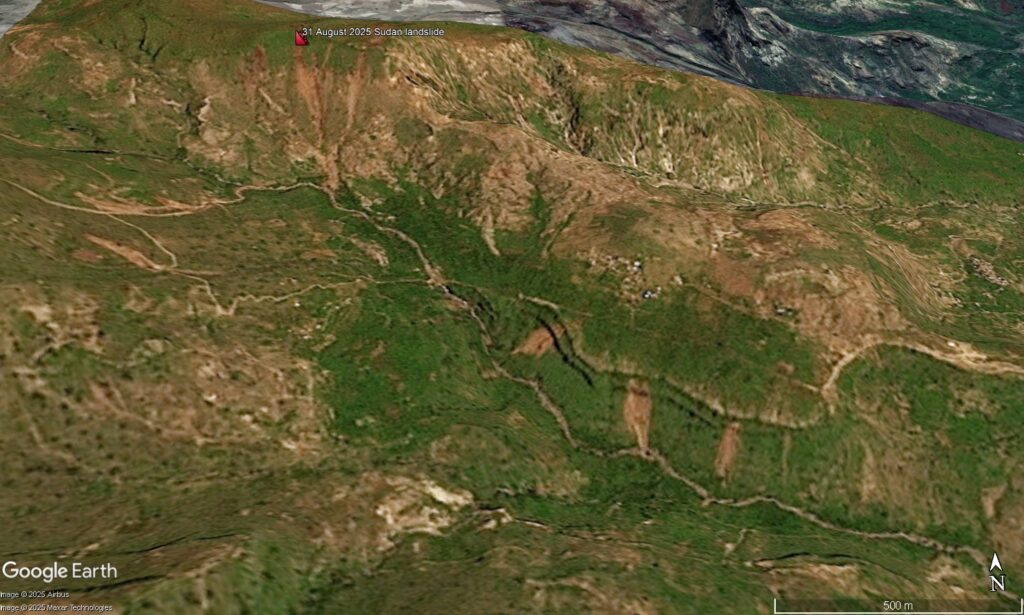 Satellite image of the aftermath of the 31 August 2025 landslides in Sudan. Planet image draped onto the Google Earth DEM.